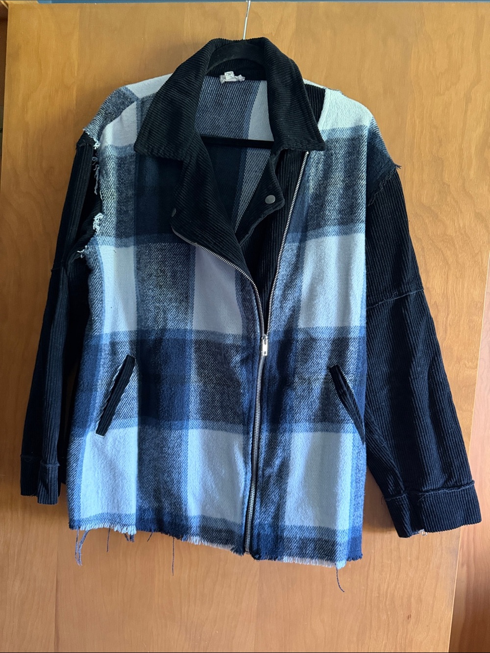 Blue Plaid Mixed-Media Zip Jacket